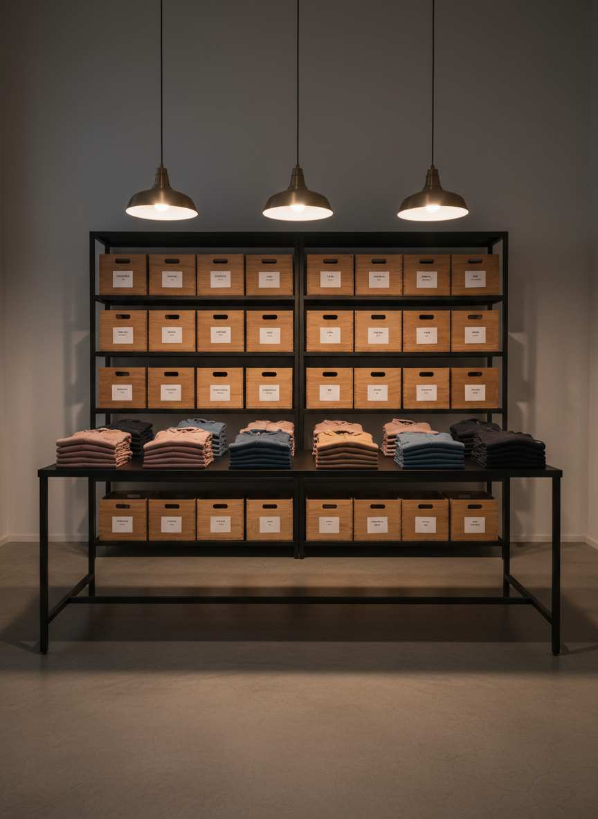 A refined market stall reinterpretation set within a contemporary indoor space: a long, matte-black metal table neatly stacked with folded performance fabrics in coordinated palettes—dusty rose, slate blue, warm taupe, and deep charcoal. Each stack shows slim joggers, structured hoodies, and lightweight tops, aligned with precision so seams and logos line up. Behind, a second tier holds labeled storage crates with discreet typography, suggesting organized inventory ready for both in-person and online orders. Overhead, soft industrial-style pendant lights cast warm, focused pools of light, leaving the outer edges in gentle shadow. Photographic realism, captured from a slightly elevated angle to reveal the full layout. The atmosphere feels sophisticated yet accessible, blending the energy of a street market with the restraint of a modern concept store, perfectly matching a brand evolving from physical stall to digital checkout.