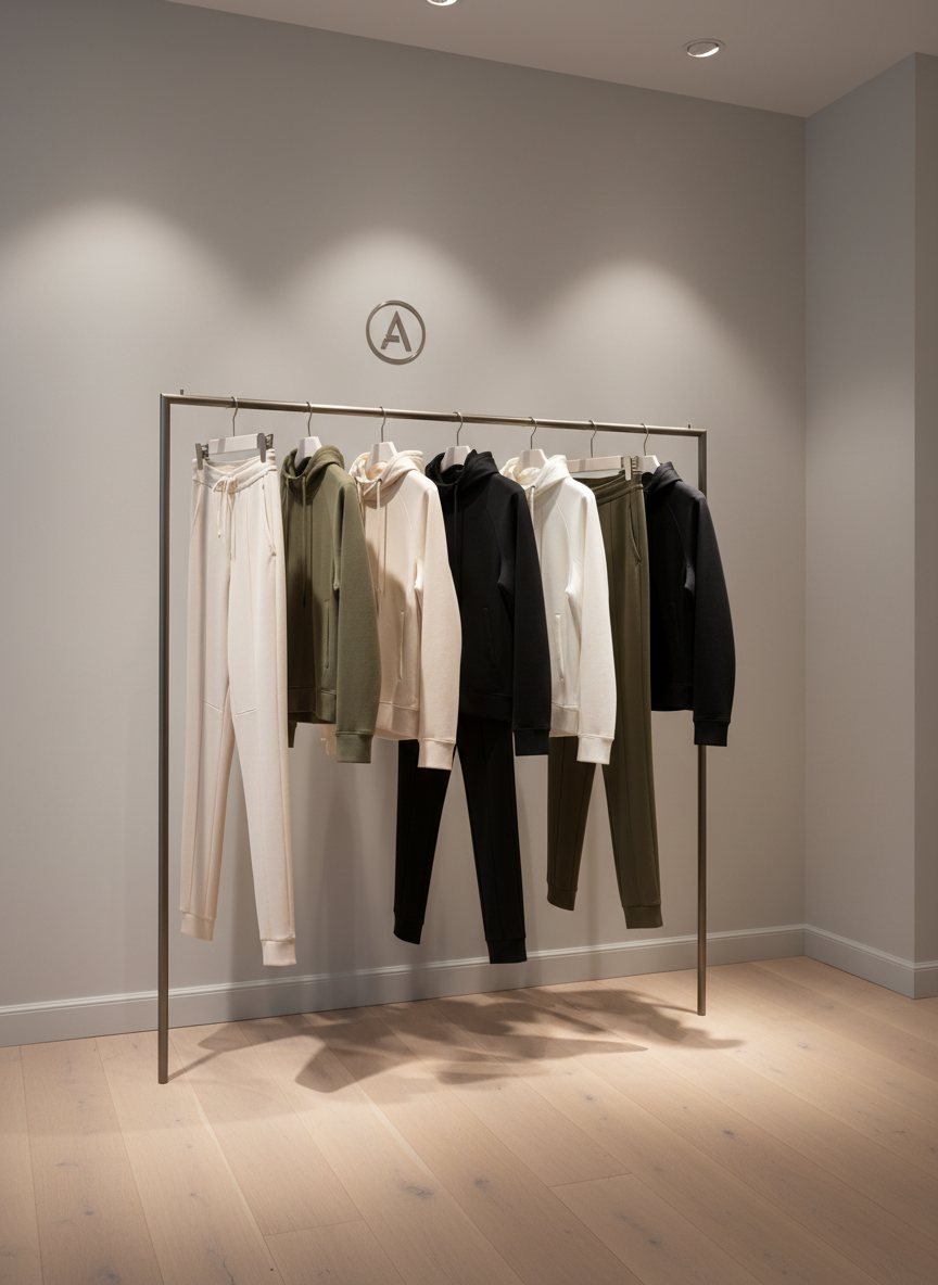 An elegant clothing rack stands in a clean, modern boutique interior, carrying a curated sequence of coordinated men’s and women’s sports-inspired outfits in neutral tones: cream tapered trousers, olive technical chinos, black slim joggers, paired with structured hoodies, bomber jackets, and lightweight parkas. All pieces share refined cuts and high-quality performance fabrics with subtle matte finishes. The rack is positioned on pale oak flooring against a smooth light-gray wall with a single discreet brand logo plaque. Warm, directional spotlights from the ceiling create soft pools of light that glide over the garments, emphasizing their tailored silhouettes and creating gentle shadow play beneath the rack. Photographic realism, shot from a slightly elevated three-quarter angle, sharp focus throughout. The mood is sophisticated and aspirational, conveying an elevated market-to-online shopping experience centered on comfort with style.