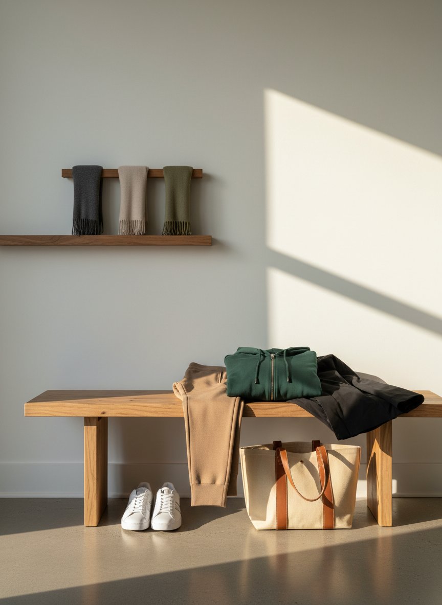 A stylish entryway bench in a contemporary apartment setting, topped with a carefully assembled athleisure look ready to grab and go: sand-colored tapered joggers in a refined knit, a deep forest-green zip hoodie with clean lines, and a lightweight black technical coat neatly folded on top. On the floor below, a pair of sleek white sneakers with subtle detailing rest next to a structured canvas market tote, its handles upright. The bench sits against a smooth off-white wall with a narrow shelf above displaying folded scarves in muted tones. Late afternoon natural light filters in from an unseen window to the right, creating directional highlights on fabrics and soft shadows underneath the bench. Photographic realism, composed with an eye-level angle and moderate depth of field. The atmosphere is warm, lived-in, and sophisticated, showing how sporty comfort can transition elegantly from home to city errands.