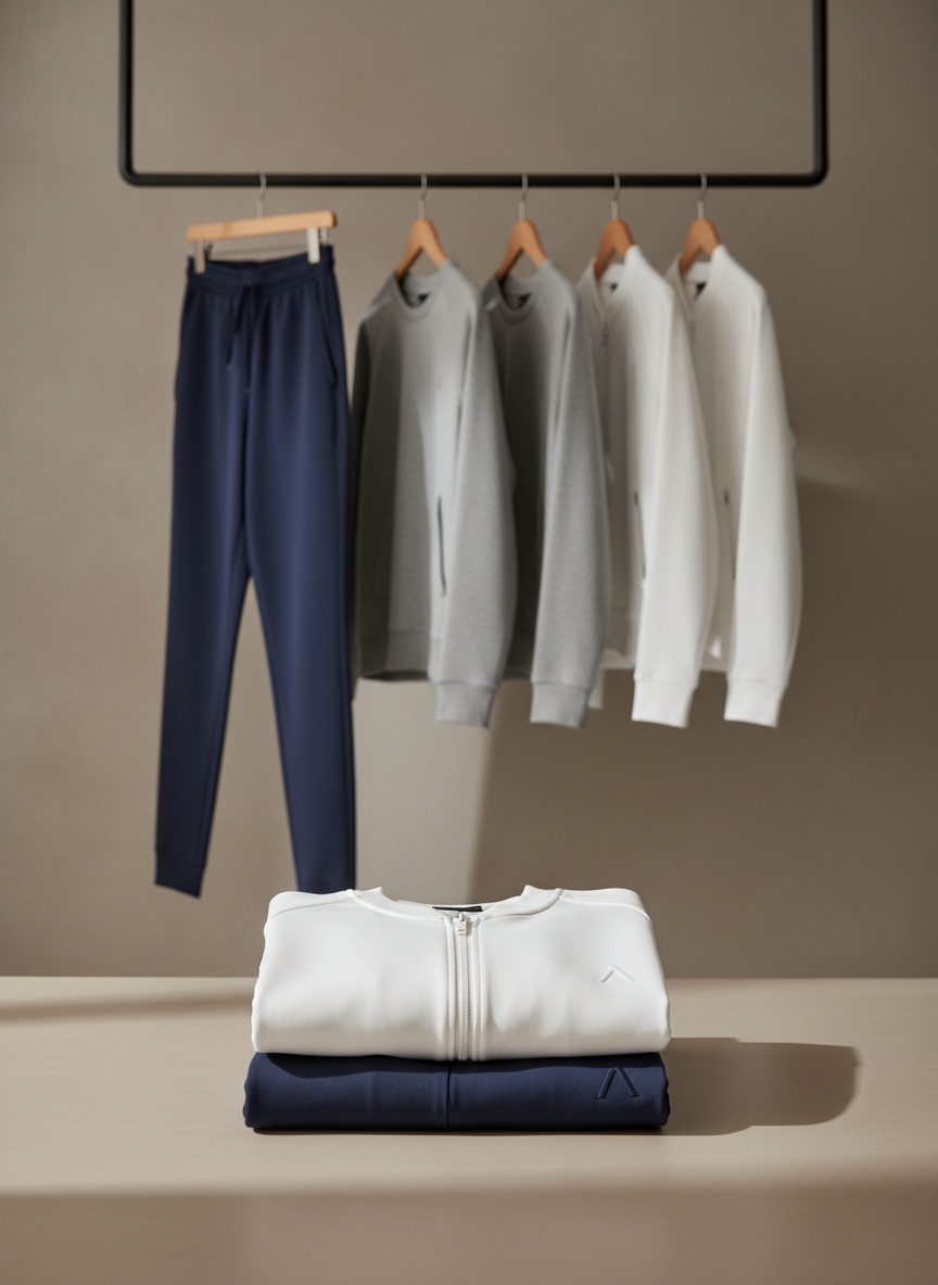 A meticulously folded set of athleisure clothing arranged on a matte beige tabletop: a pair of slim-cut navy jogger pants in smooth technical fabric, a soft heather-gray crew-neck sweatshirt with minimal tonal logo, and a crisp white zip-up jacket with clean seams and hidden pockets. Behind them, a neutral-toned wall displays a single sleek metal clothing rail holding matching garments on wooden hangers. Soft, diffused daylight enters from the left, casting gentle, elongated shadows and subtle highlights on the fabrics’ textures. Photographic realism, shot at eye level with a slightly shallow depth of field, keeping the front outfit in perfect focus while the background rail softly blurs. The mood is sophisticated, calm, and contemporary, emphasizing comfort with a polished, urban aesthetic ideal for a sportswear brand that feels refined, not casual.