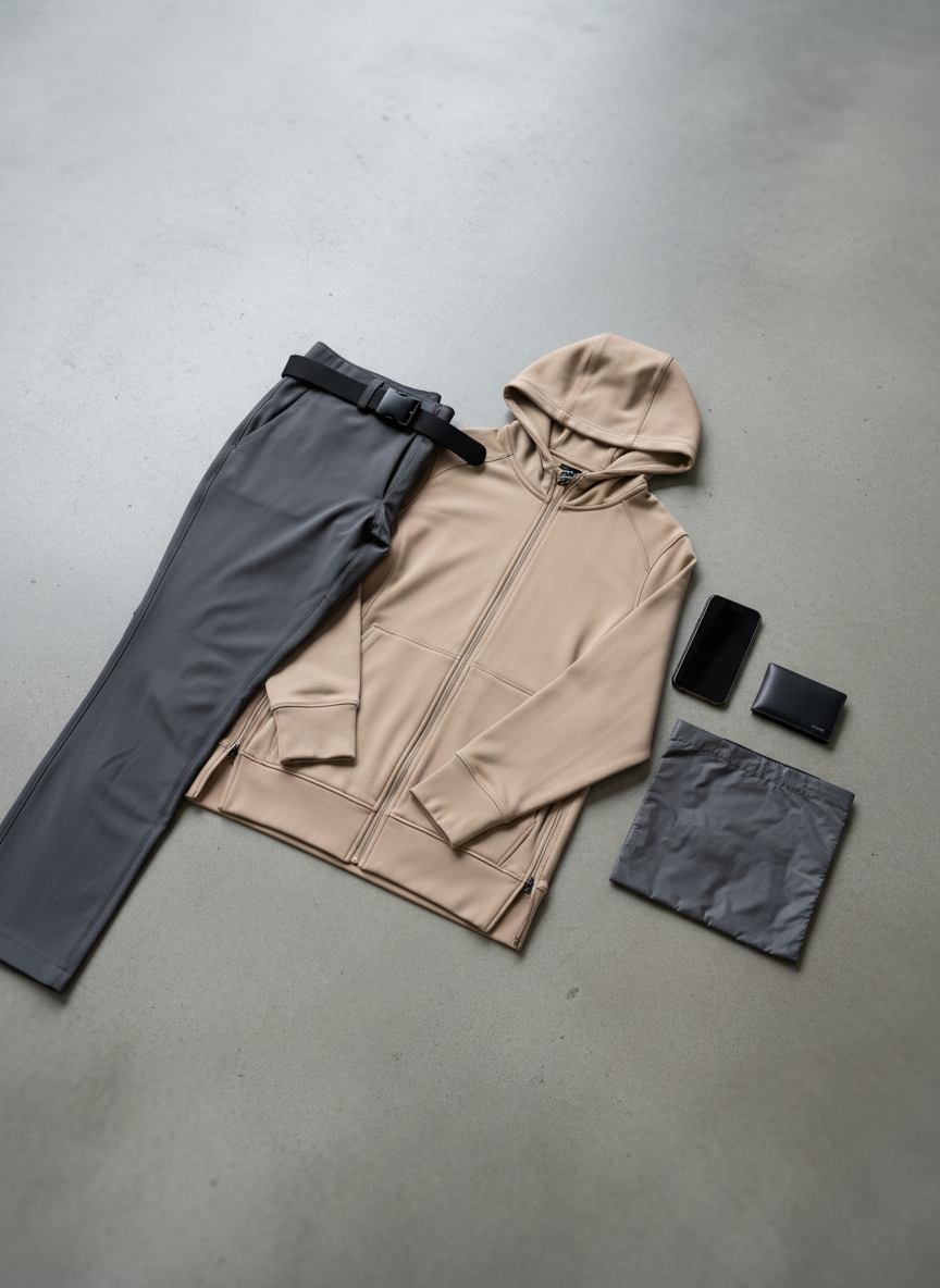 A close-up, photographic shot of a minimalist sports outfit laid flat on a smooth concrete surface: charcoal tapered pants in lightweight stretch fabric, a sand-colored longline hoodie with clean stitching and invisible zippers, and a slim black technical belt with matte buckle. Beside them, a neatly placed smartphone, slim wallet, and folded reusable shopping bag hint at a quick market-to-city routine. Cool, diffused overcast light from above softens the scene, revealing fine fabric weaves and subtle sheen on performance materials. The composition uses rule of thirds, with the outfit diagonally arranged from lower left to upper right, creating dynamic flow. Background edges fade into a gentle bokeh, keeping focus on the sophisticated textures. The atmosphere is modern, practical, and quietly luxurious, expressing the idea of being ready to move comfortably through city errands without ever looking like wearing a tracksuit.
